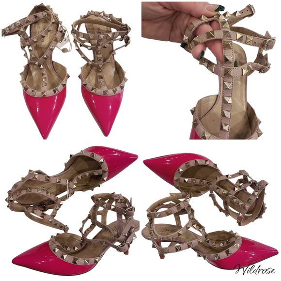 VALENTINO GARAVANI NAPPA PATENT LEATHER HOT PINK ROCKSTUD ANKLE STRAP HEELS SZ 5 - Picture 15 of 17